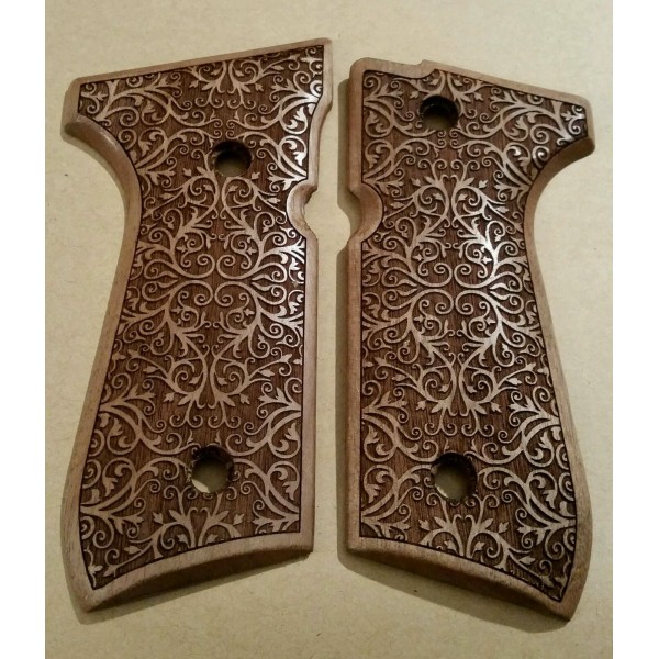 KSD Brand Beretta 92FS, 92A1, 92G, 92D, 96, M9 Compatible Walnut Grips Floral 	KSD-00461